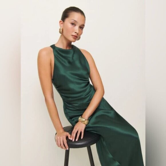 NEW Reformation Anaiis Long Silk Dress Forest Dark Green | US 4 UK 8 - Picture 14 of 14
